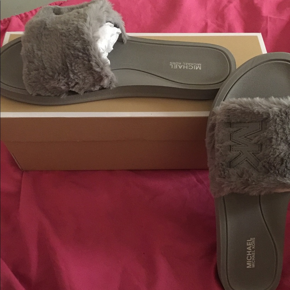 Michael Kors Pearl Grey Faux Fur Sliders